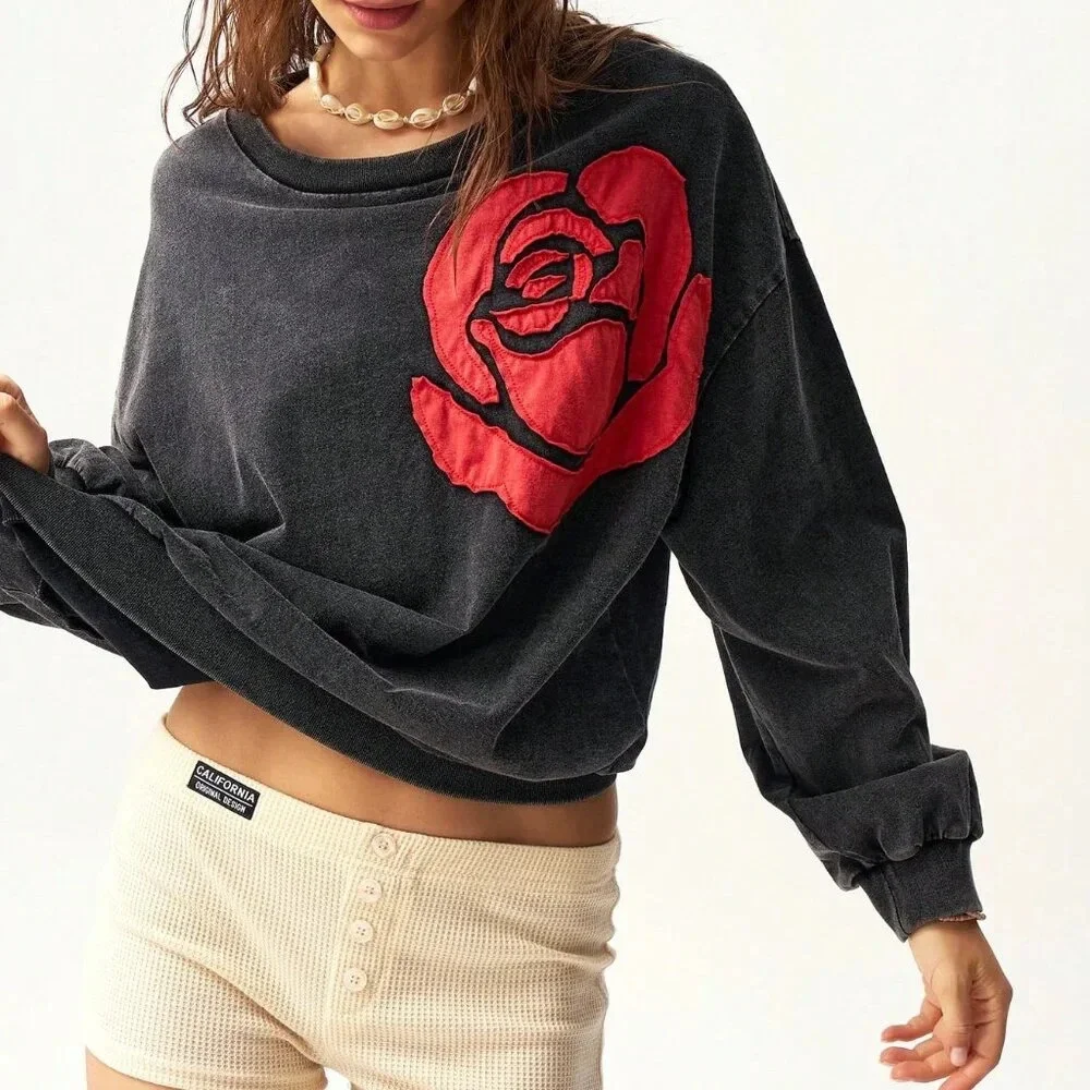 Black Casual Women's Floral Print T-Shirt - Picture 6 of 9